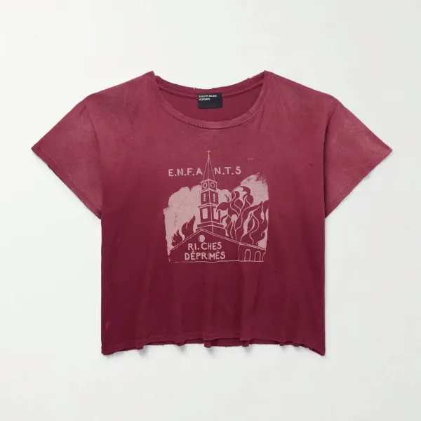 Enfants Riches Déprimés Church Fire Graphic Cropped T-Shirt Burgundy - 1