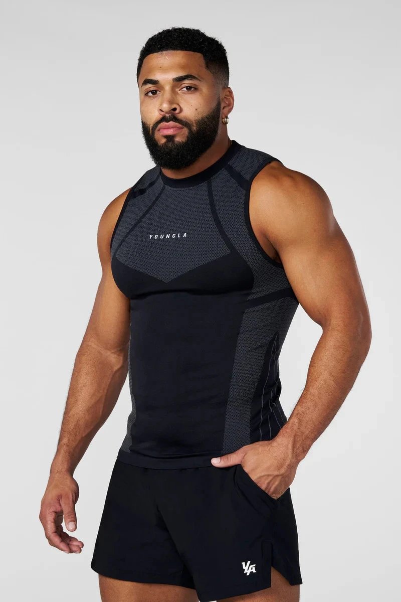 Design Youngla Performance Mesh Vest Top and Sweatpants Set Black Activewear - 8