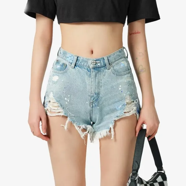 Design Embroidered Fleur-de-Lis Denim Shorts with Frayed Hem and Paint Splatter Detail - 6