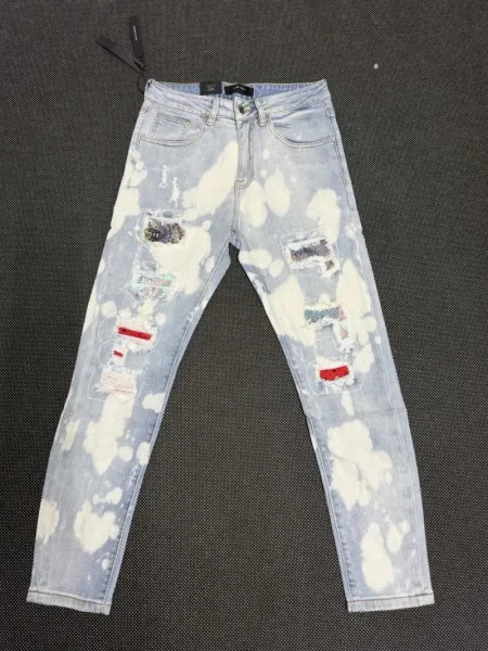 Design Bleach-Dyed Distressed Patchwork Jeans Light Blue - 1