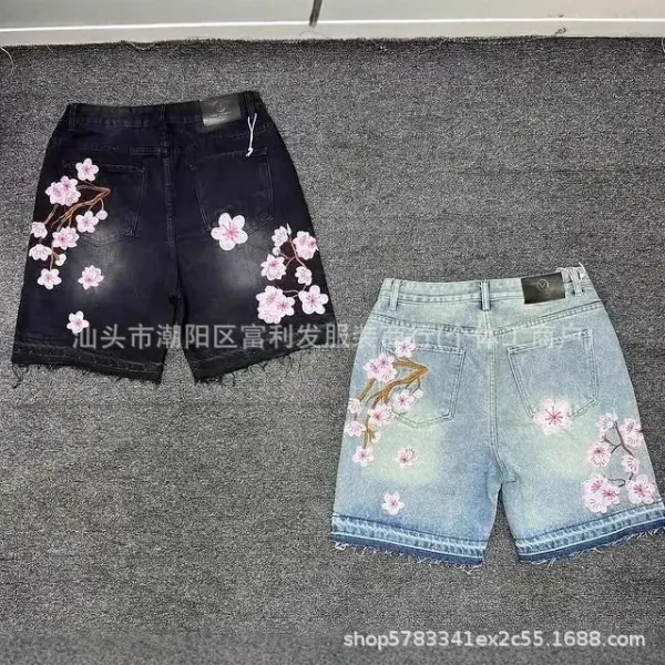 Design Embroidered Cherry Blossom Denim Shorts Multicolor - 4
