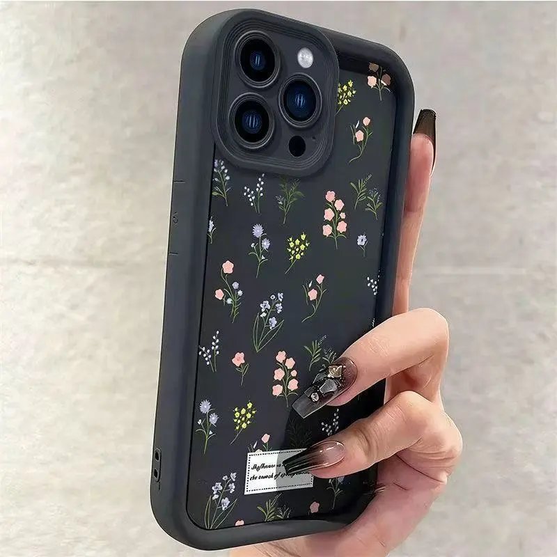 Design Floral Print Phone Case Black with Vintage Label Phone Case - 3