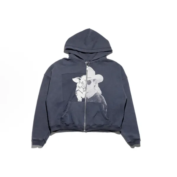Design Pig in Cowboy Hat Zip-Up Hoodie Navy - 1