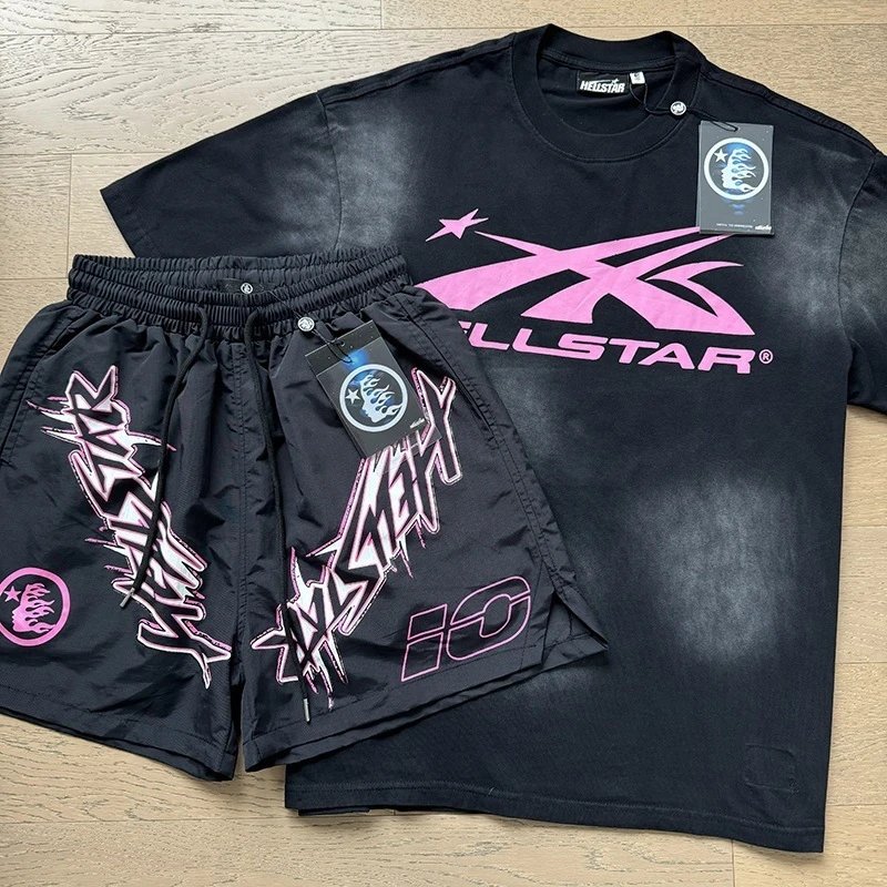 Hellstar Flame Graphic T-Shirt and Shorts Set Black with Neon Green - 18