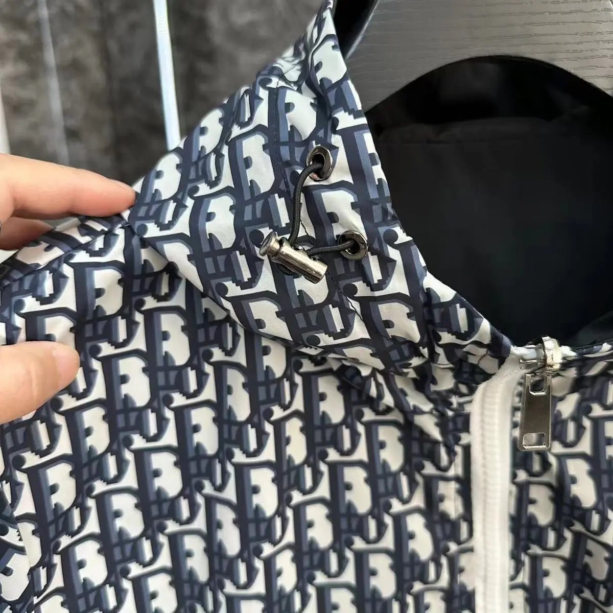 Dior Oblique Print Hooded Windbreaker Black and White Outerwear - 10