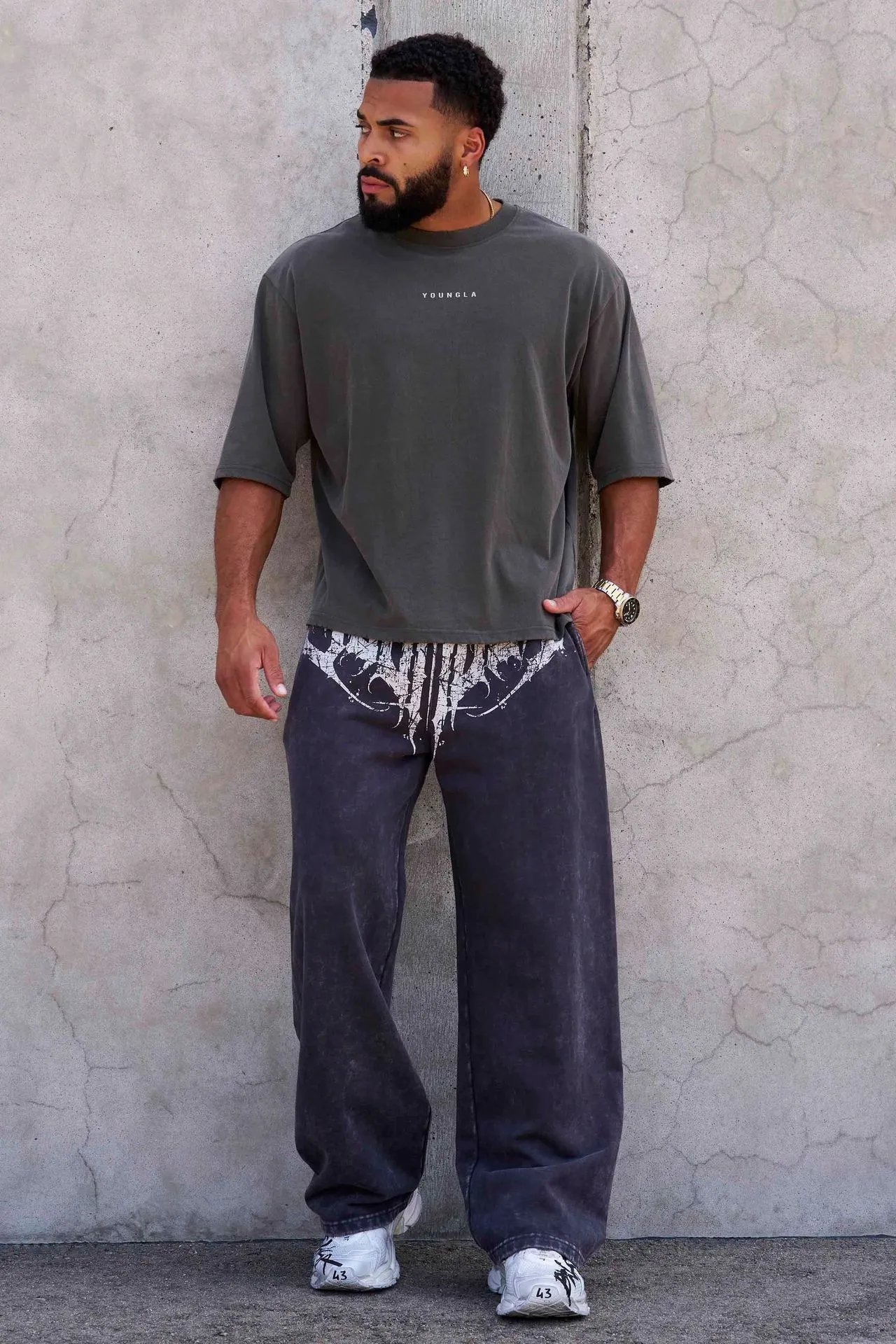 Design Graphic Print Baggy Pants Black - 3