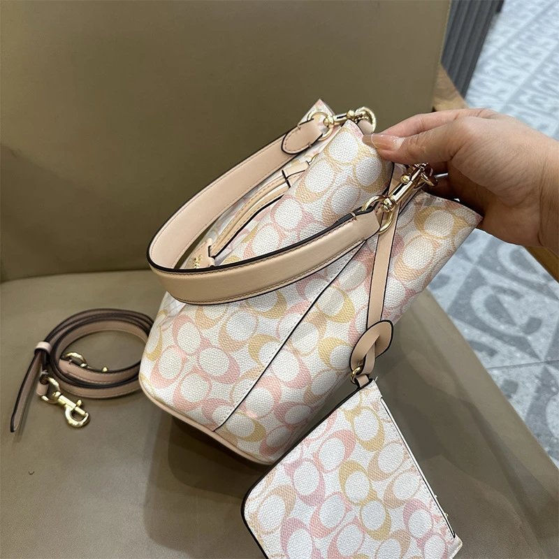 Coach Mini Bucket Bag Pink Leather with Floral Charm Handbags - 5