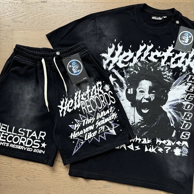 Hellstar Flame Graphic T-Shirt and Shorts Set Black with Neon Green - 30