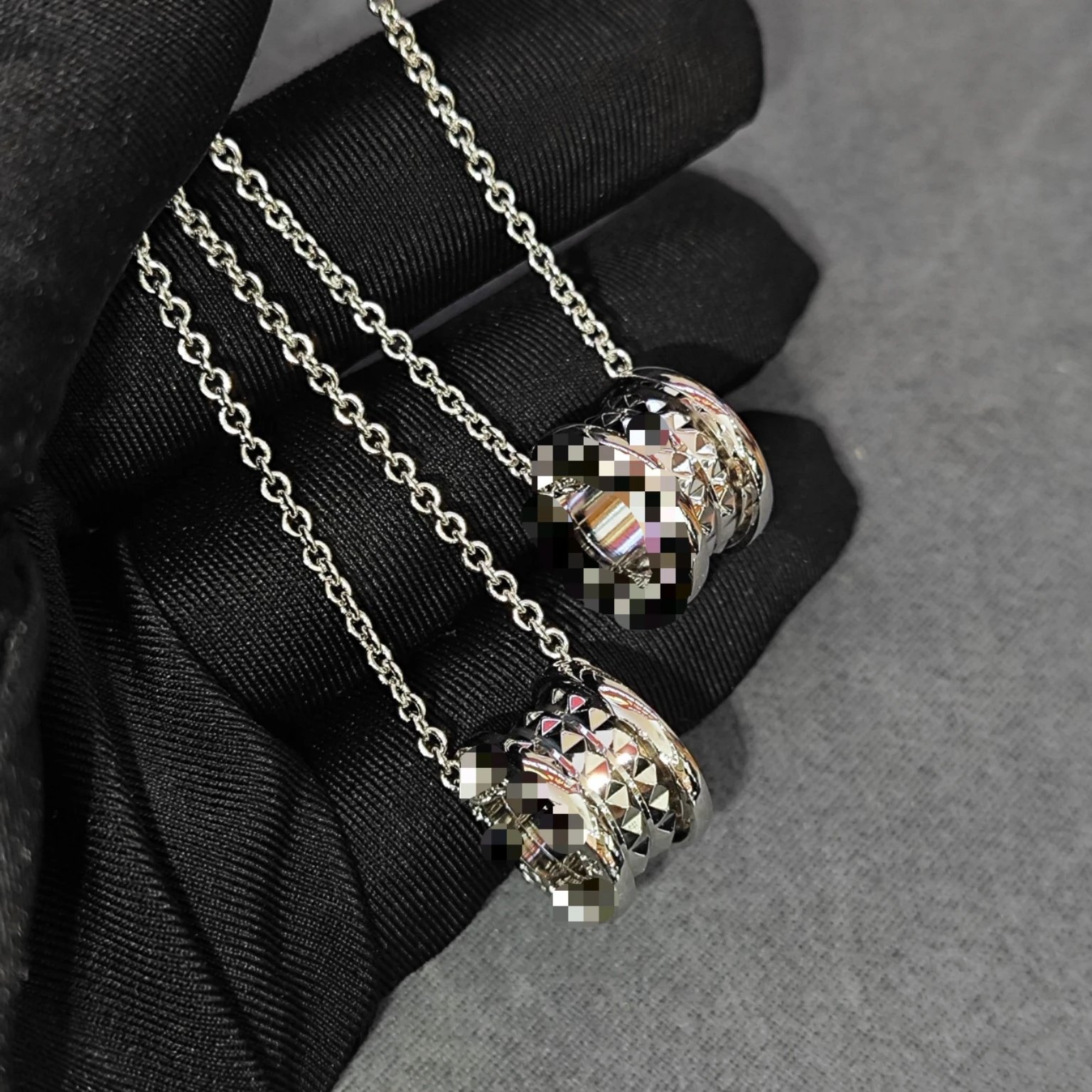 Design Stacking Ring Pendant Necklace with Black Onyx and Pave Diamonds on Gold Chain Jewelry - 6