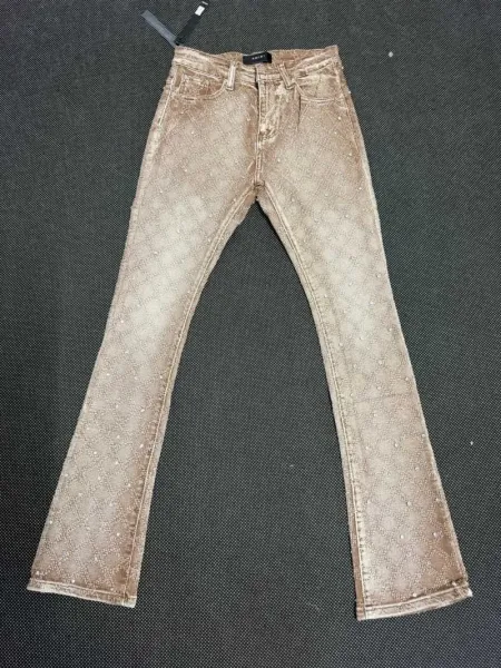 Amiri Crystal-Embellished Distressed Beige Jeans - 1