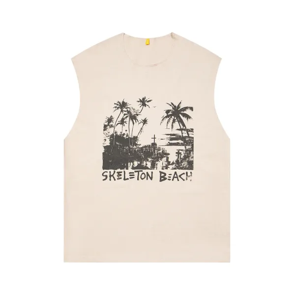 Design Skeleton Beach Graphic Sleeveless Top Beige Vest-Top Vest Top - 1