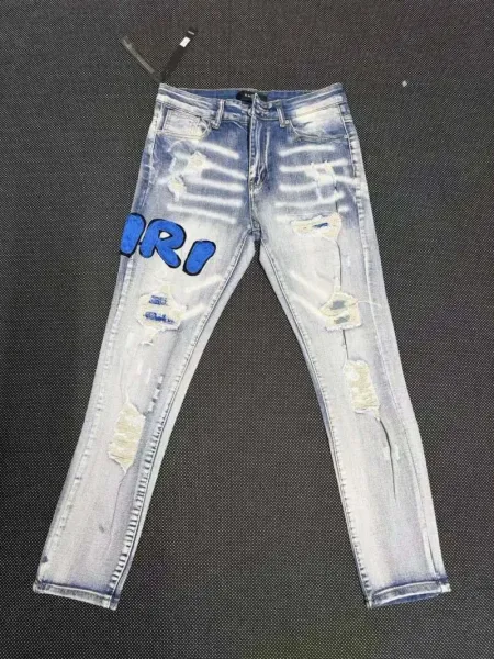 Amiri Distressed Logo Jeans Blue - 1