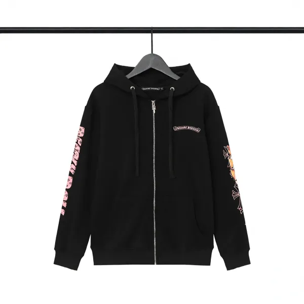 Chrome Hearts x Unknown Artist Zip-Up Hoodie Black with Pink and Orange Sleeve Graphics - 1