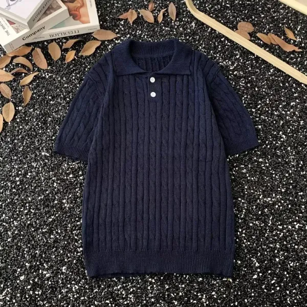 Design Knit Polo Dress Navy Blue Knit Dress - 1