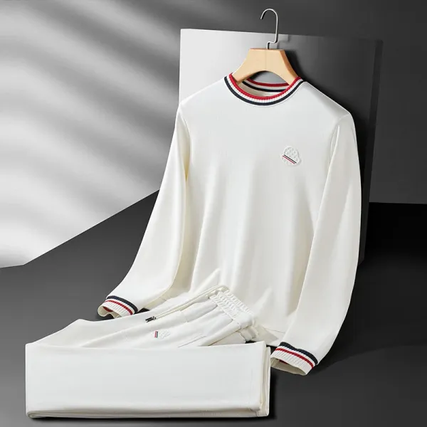 Design Ribbed Crewneck Set White with Red-Black Trim - 1