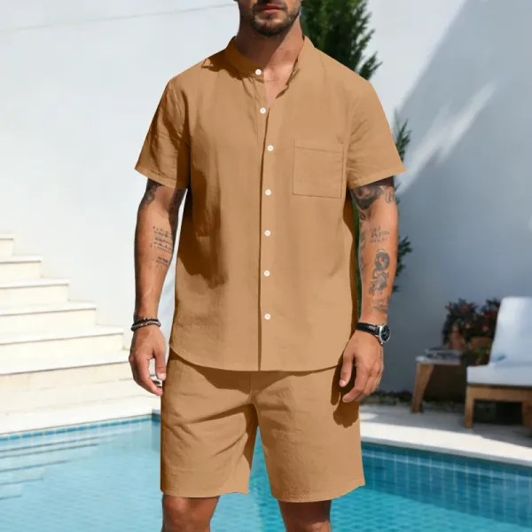 Design Olive Green Button-Front Shirt and Drawstring Shorts Set - 33