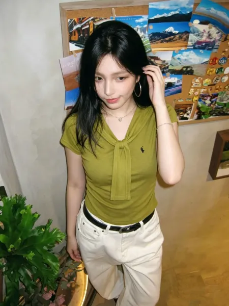 Polo Ralph Lauren Tie-Neck Short Sleeve Top Olive Green - 4