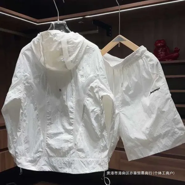 Design Windbreaker Set White Lightweight Hooded Jacket and Shorts - 2