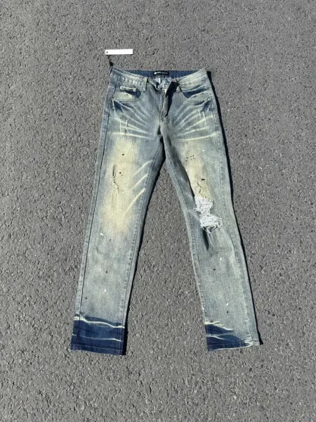 Design Abstract Paint Splatter Washed Denim Jeans - 27