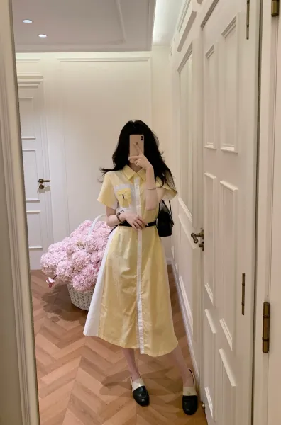 Polo Ralph Lauren Patchwork Shirt Dress Yellow and White - 4