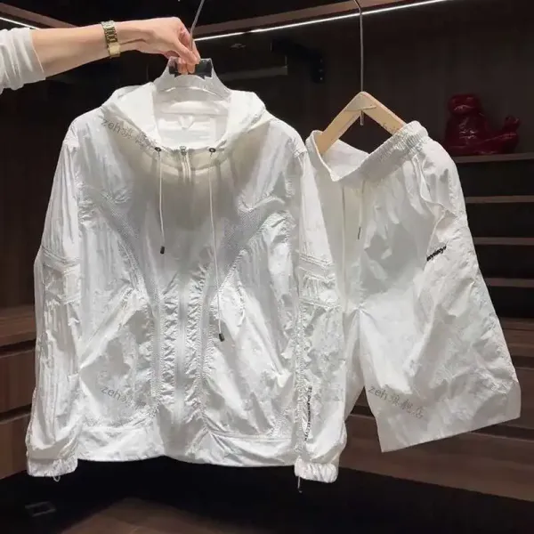 Design Windbreaker Set White Lightweight Hooded Jacket and Shorts - 4