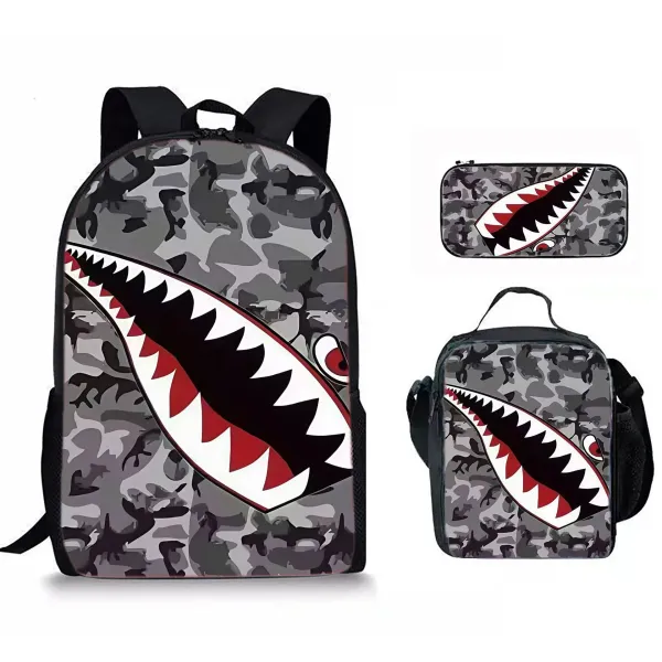 Design Shark Mouth Camo Backpack Set Gray Red Black - 1