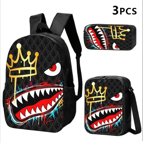 Design Shark Crown Graffiti Backpack Set Black Multicolor - 1