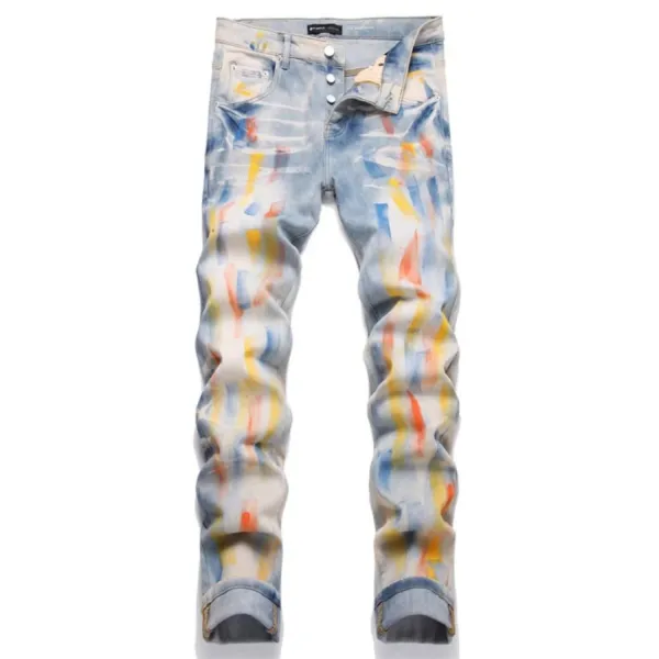 Design Abstract Paint Splatter Washed Denim Jeans - 49