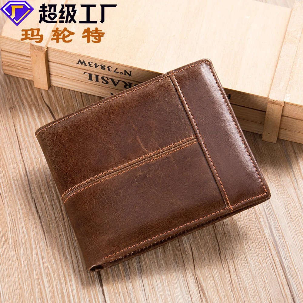 RFID Anti-Theft Genuine Leather Wallet Short Top-Grain Cowhide Multi-Card Slot Bifold Card Holder Coin Pocket Multi-Card Slot