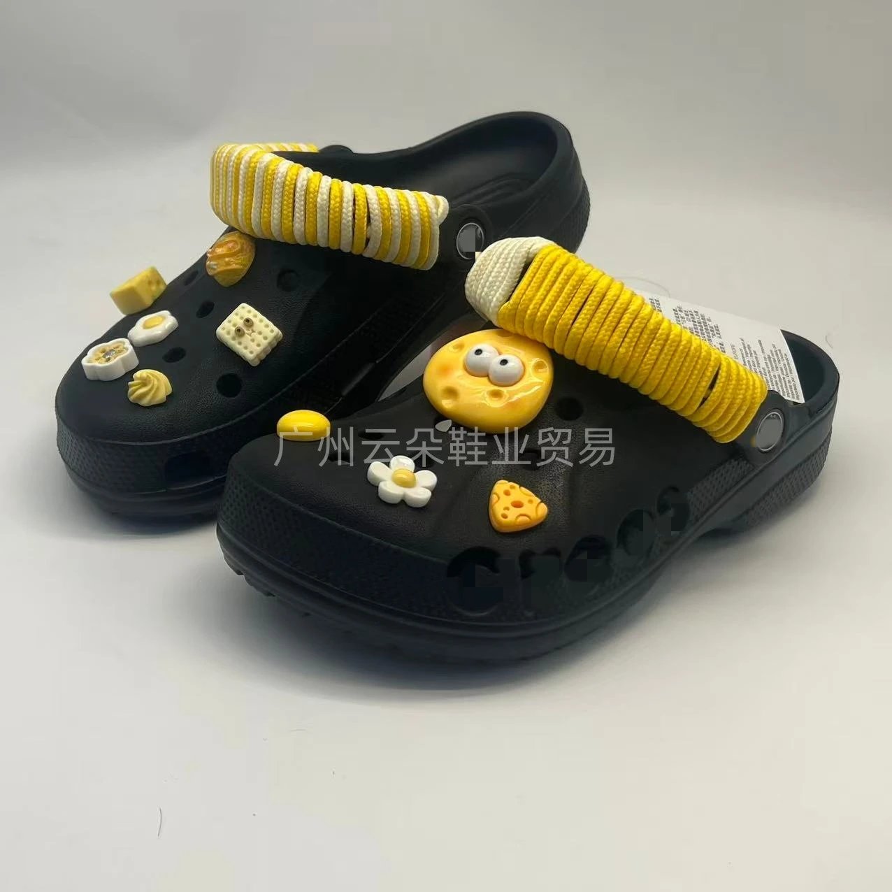 Crocs Classic Clog with Custom Jibbitz Charms and Braided Strap Yellow Black Sandals - 1