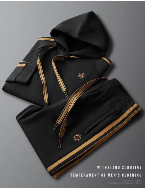 Design Hoodie and Sweatpants Set Black with Gold Trim Tracksuit - 6