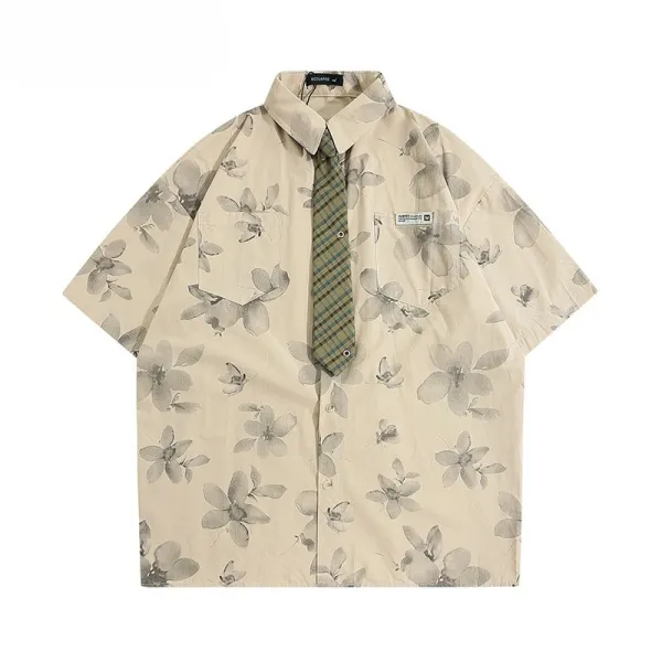 Design Floral Print Short-Sleeve Button-Up Shirt Beige Tops Shirt - 1