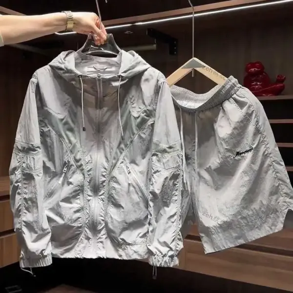 Design Windbreaker Set White Lightweight Hooded Jacket and Shorts - 3