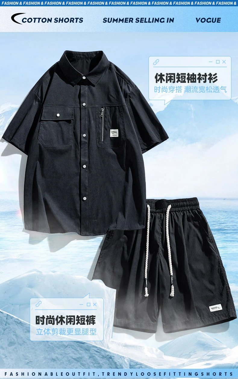 Design Washed Linen-Blend Shirt and Drawstring Shorts Set Gray - 2
