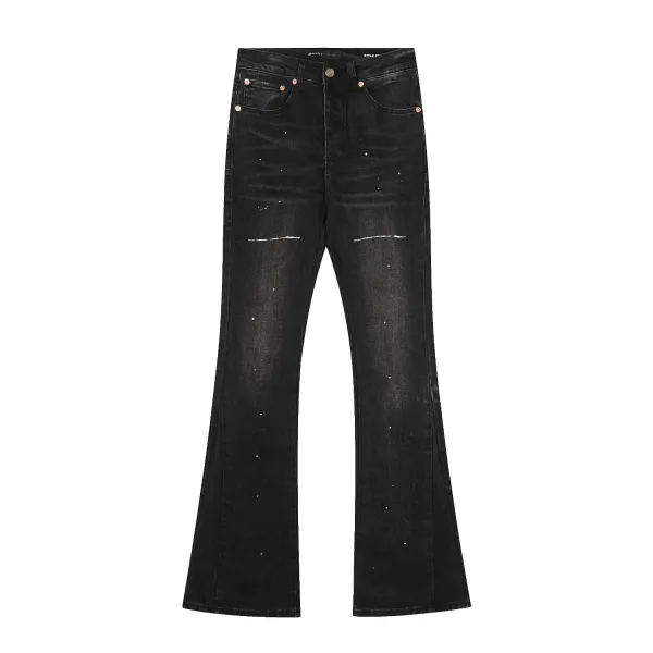 Design Abstract Paint Splatter Washed Denim Jeans - 3