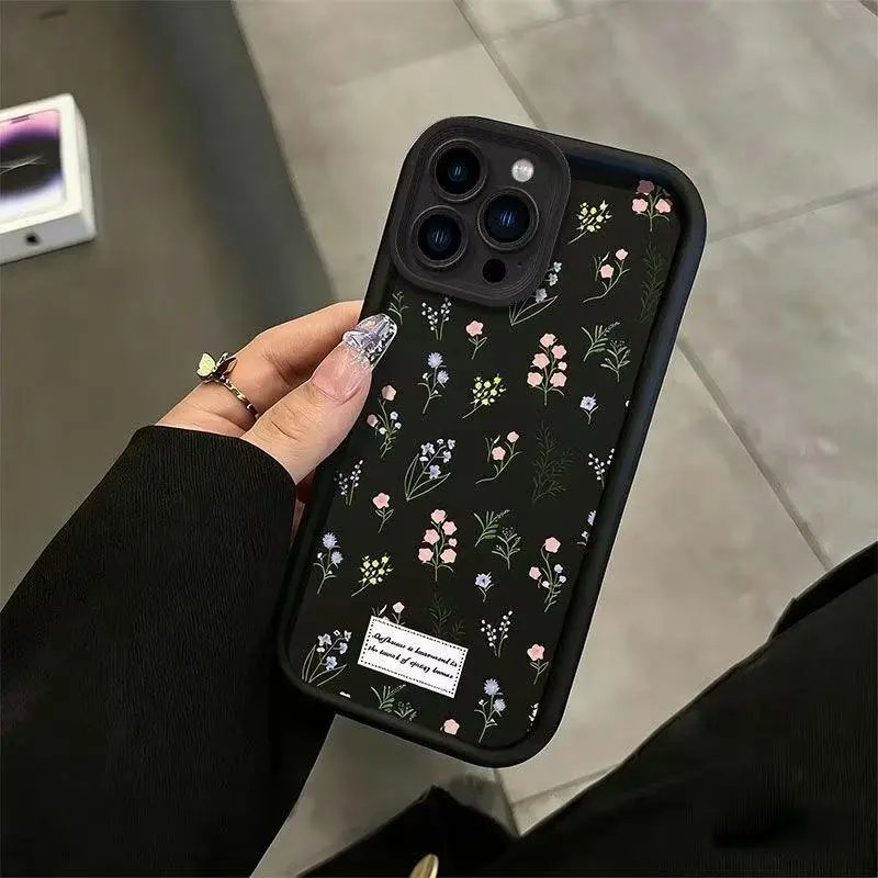 Design Floral Print Phone Case Black with Vintage Label Phone Case - 4