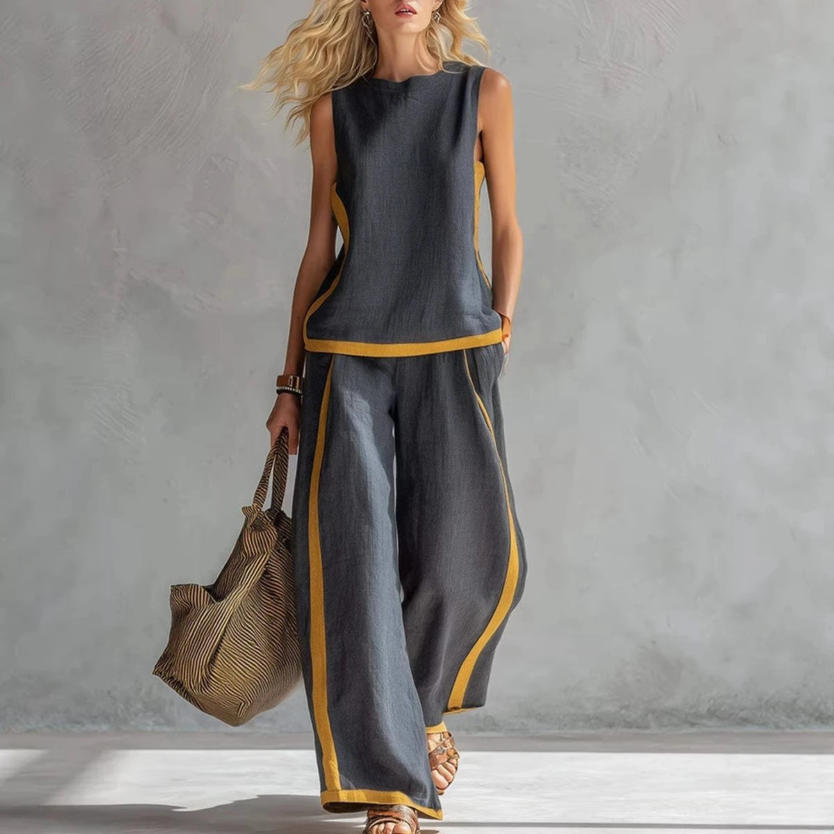 2026 Spring/Summer Women's Color-Block Sleeve Vest Wide-Leg Pants Set Gray Other Sizes Navy Blue