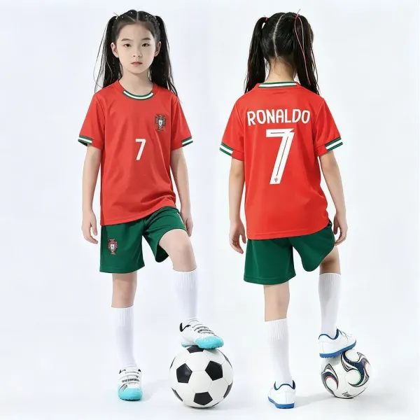 Portugal National Team Ronaldo #7 Kids Soccer Jersey Set Red / Green - 1