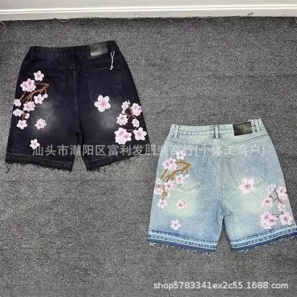 Design Embroidered Cherry Blossom Denim Shorts Multicolor - 7