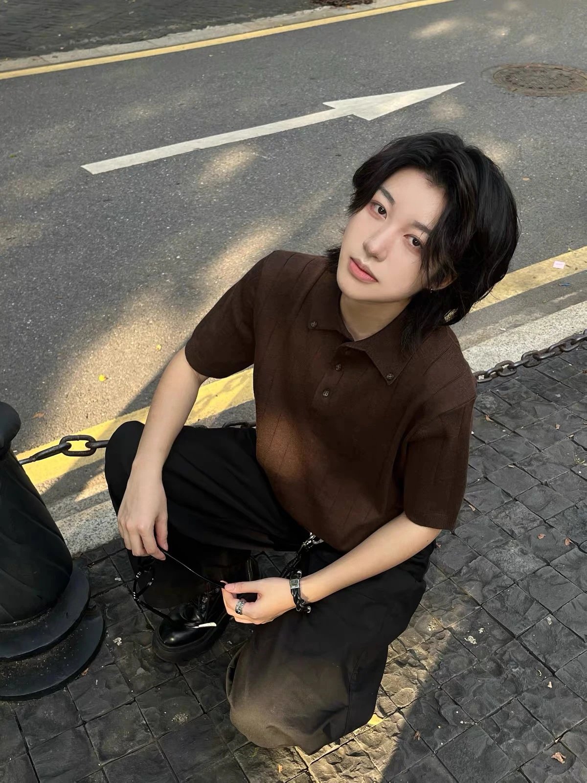 Design Ribbed Knit Polo Black Tops.polo - 8
