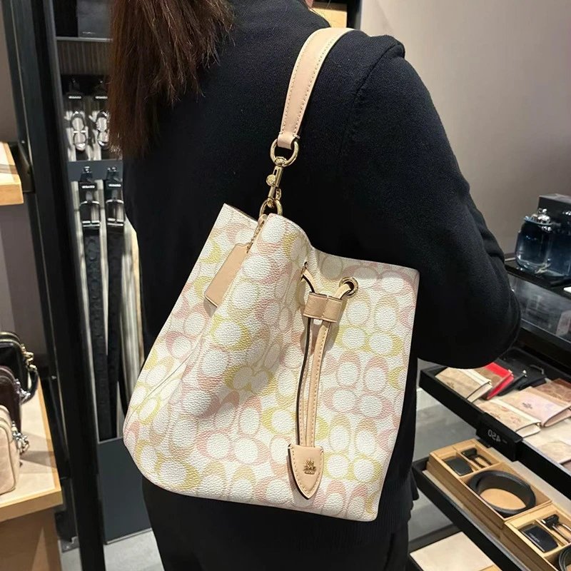 Coach Mini Bucket Bag Pink Leather with Floral Charm Handbags - 4