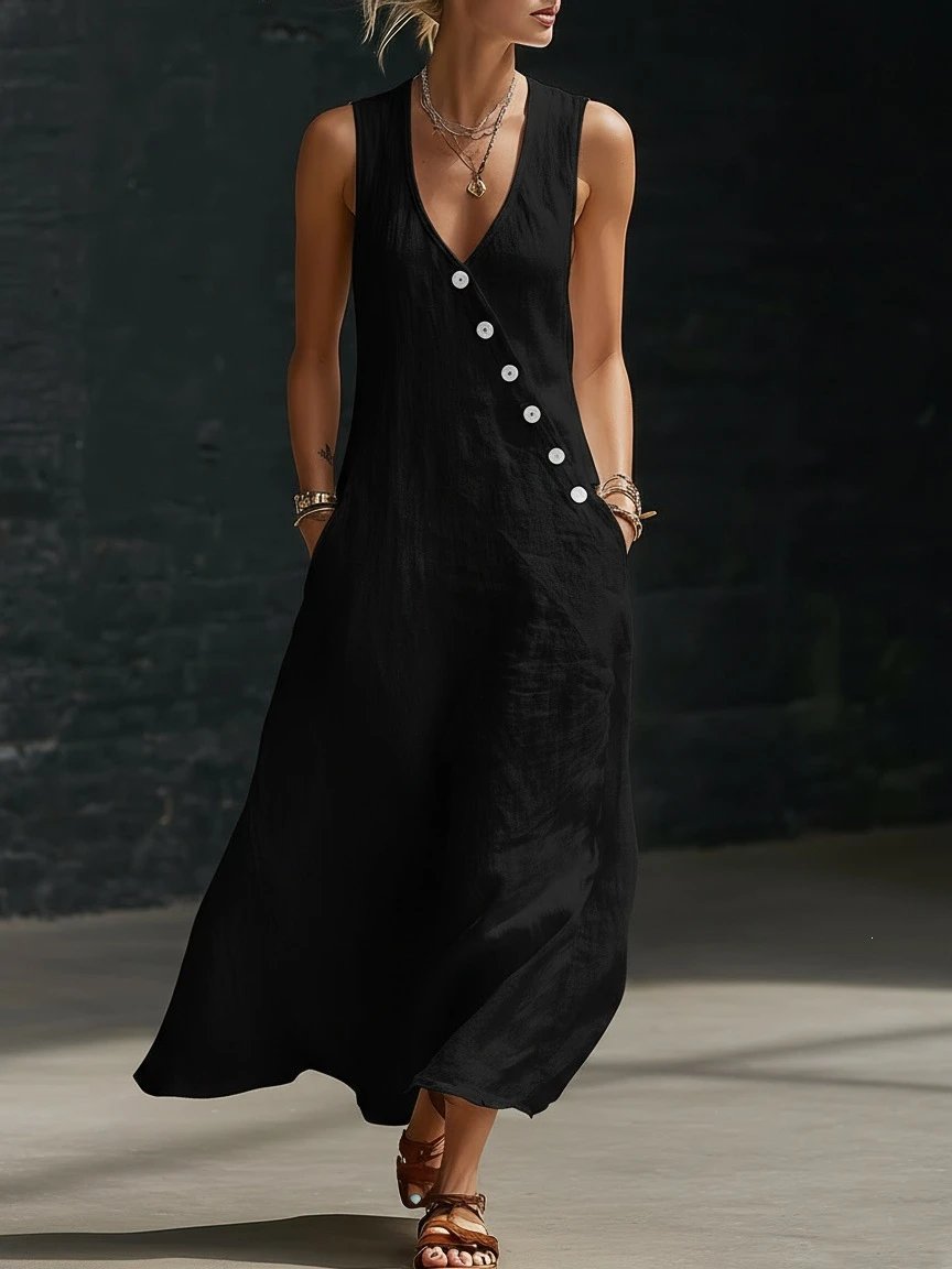 Design Sleeveless V-Neck Button-Front Maxi Dress Burgundy - 8