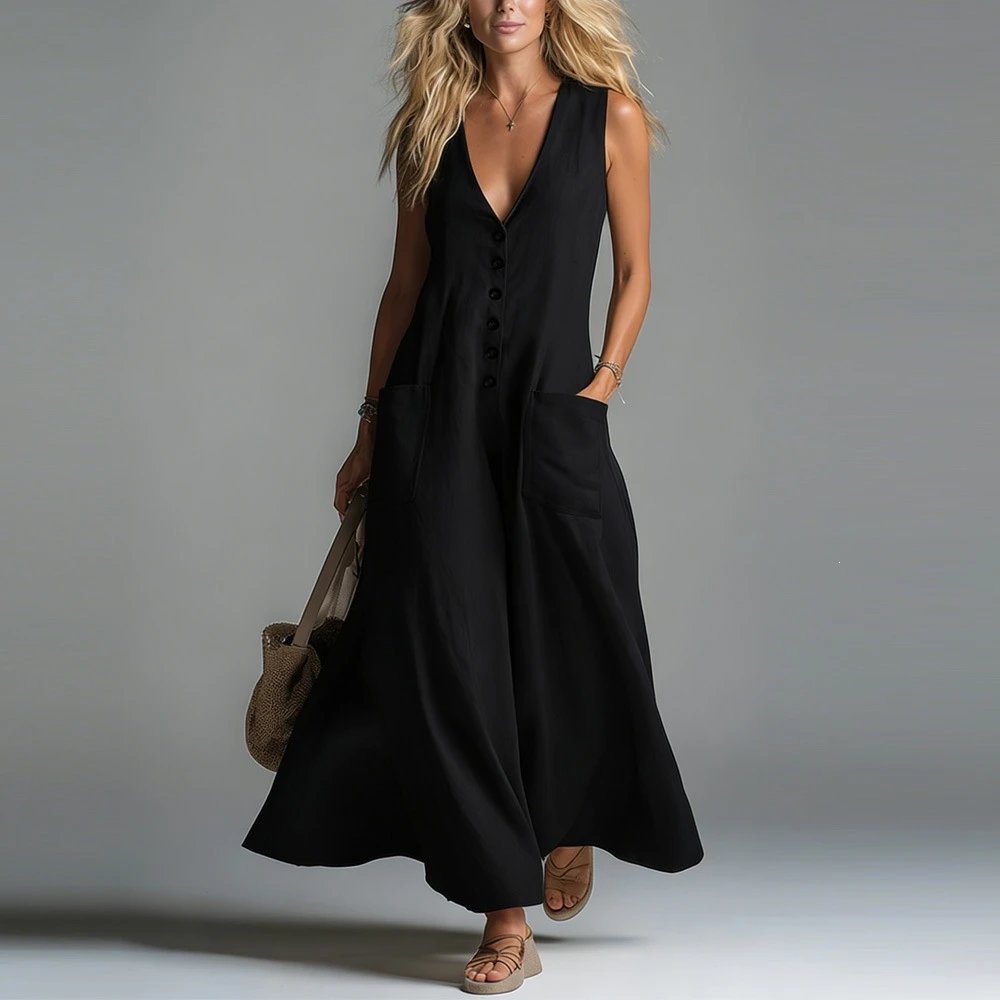 Design Sleeveless V-Neck Button-Front Maxi Dress White - 8