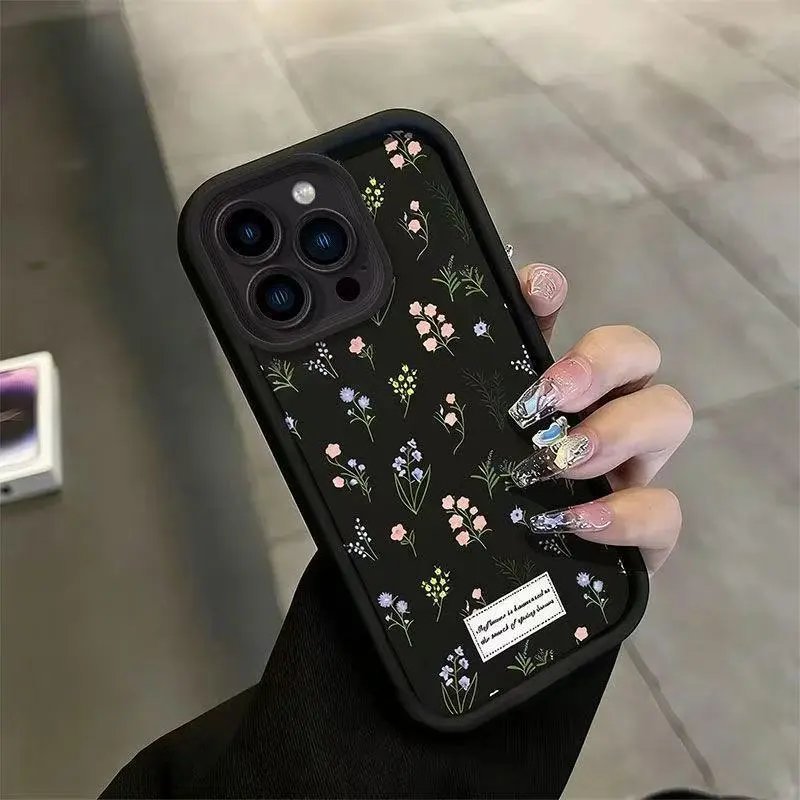 Design Floral Print Phone Case Black with Vintage Label Phone Case - 2