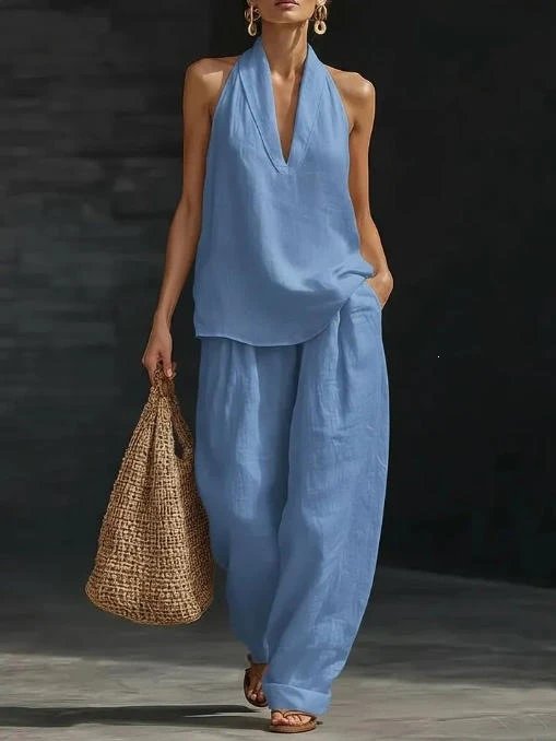Design Halter Neck Linen Set Pink - 6