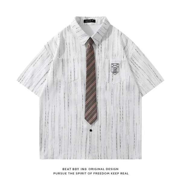 Design Beat Boy Ing Short-Sleeve Shirt with Striped Tie White Shirt - 1