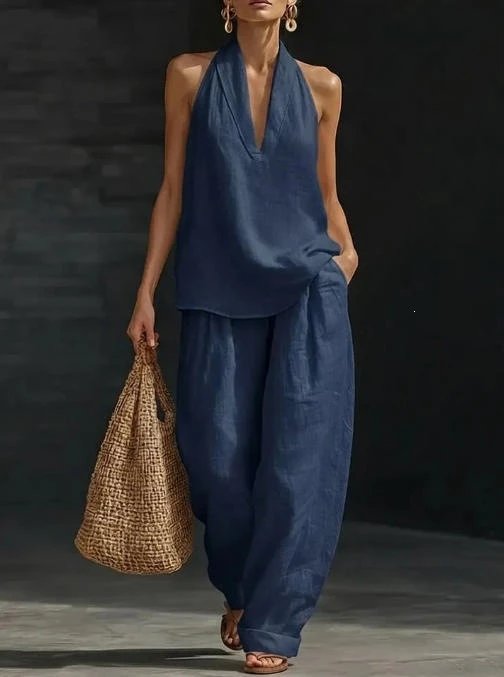 Design Halter Neck Linen Set Pink - 8