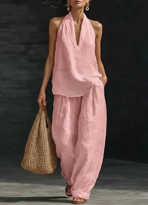 Design Halter Neck Linen Set Pink - 9