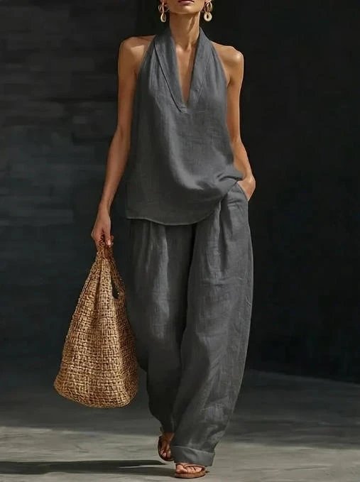 Design Halter Neck Linen Set Pink - 11
