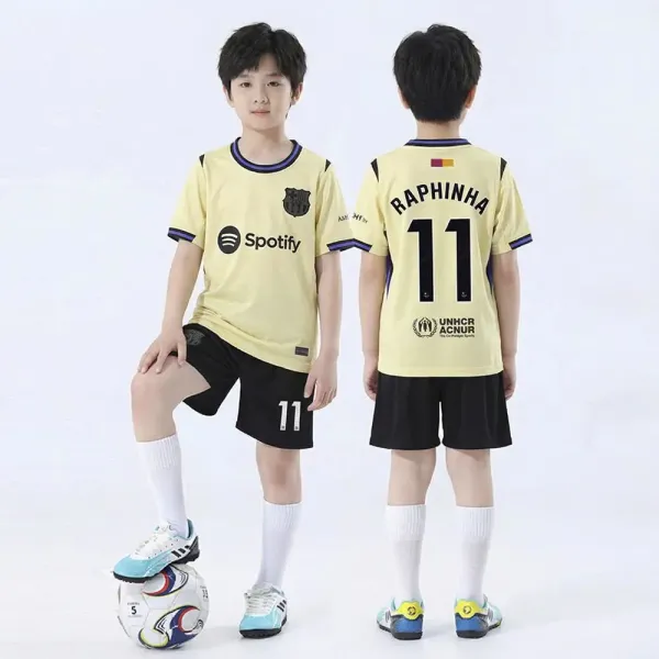 FC Barcelona 2023-24 Away Jersey Yellow Raphinha #11 Kids Soccer Kit - 1